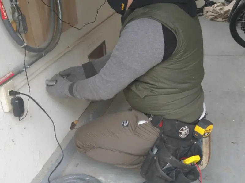 Electrician performing outlet wiring in a Bell garage